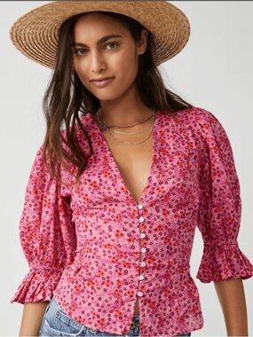 Free People I Found You Pink Floral Blouse L (Fits Smaller)